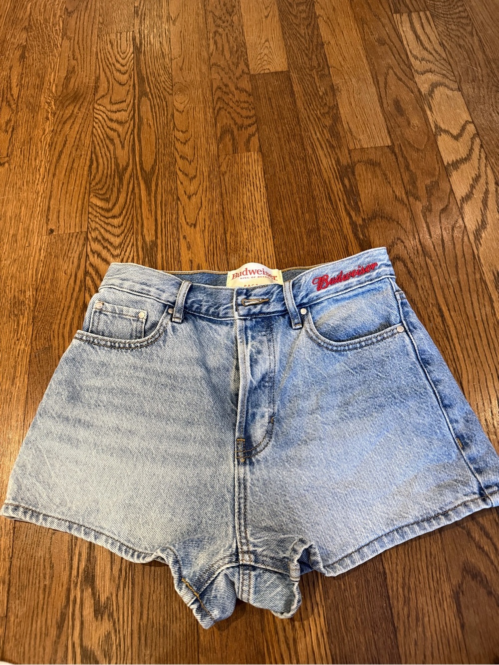 Budweiser Light Blue Denim High-Rise Women's Shorts with Red Embroidered Logo